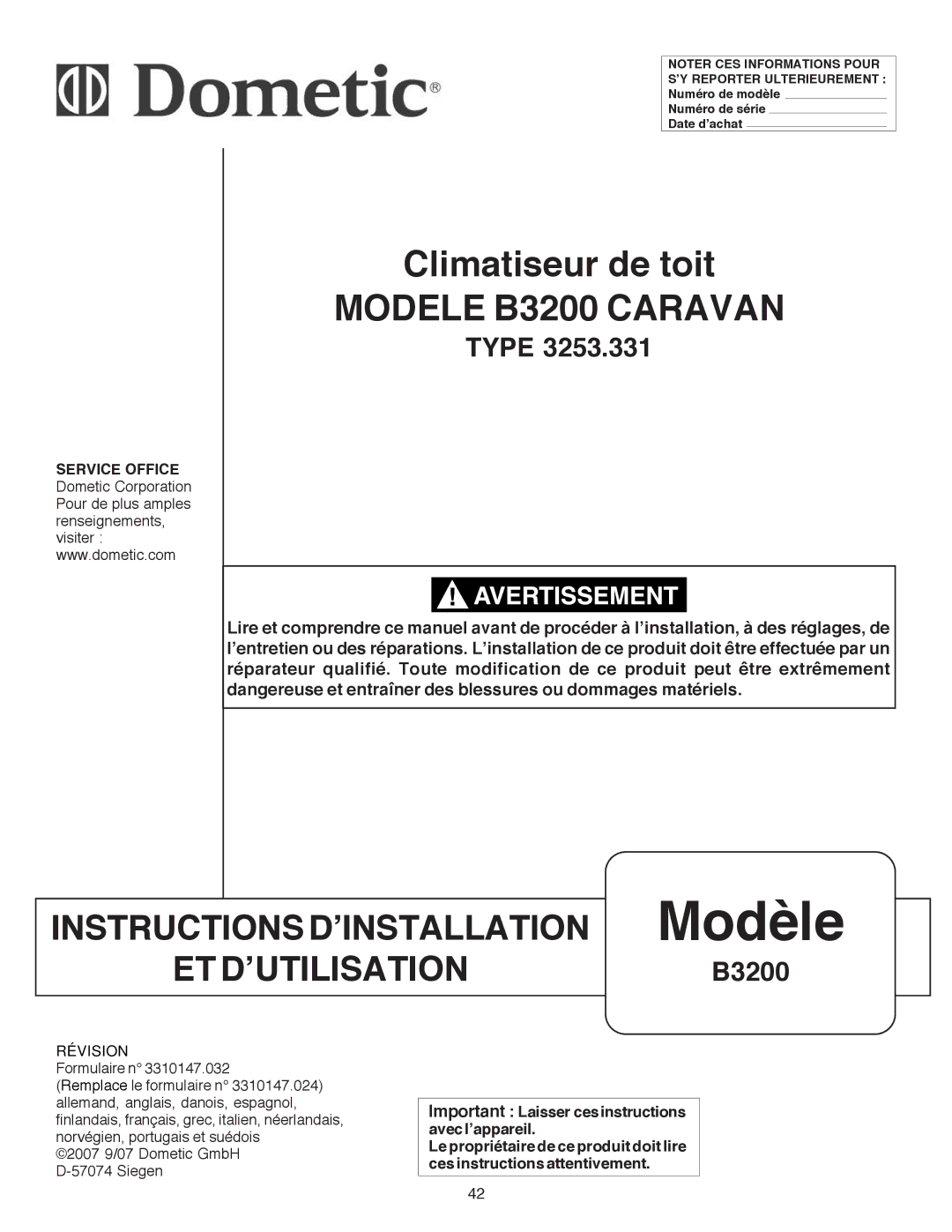 Dometic B3200 manual Formulaire n, 2007 9/07 Dometic GmbH D-57074 Siegen 