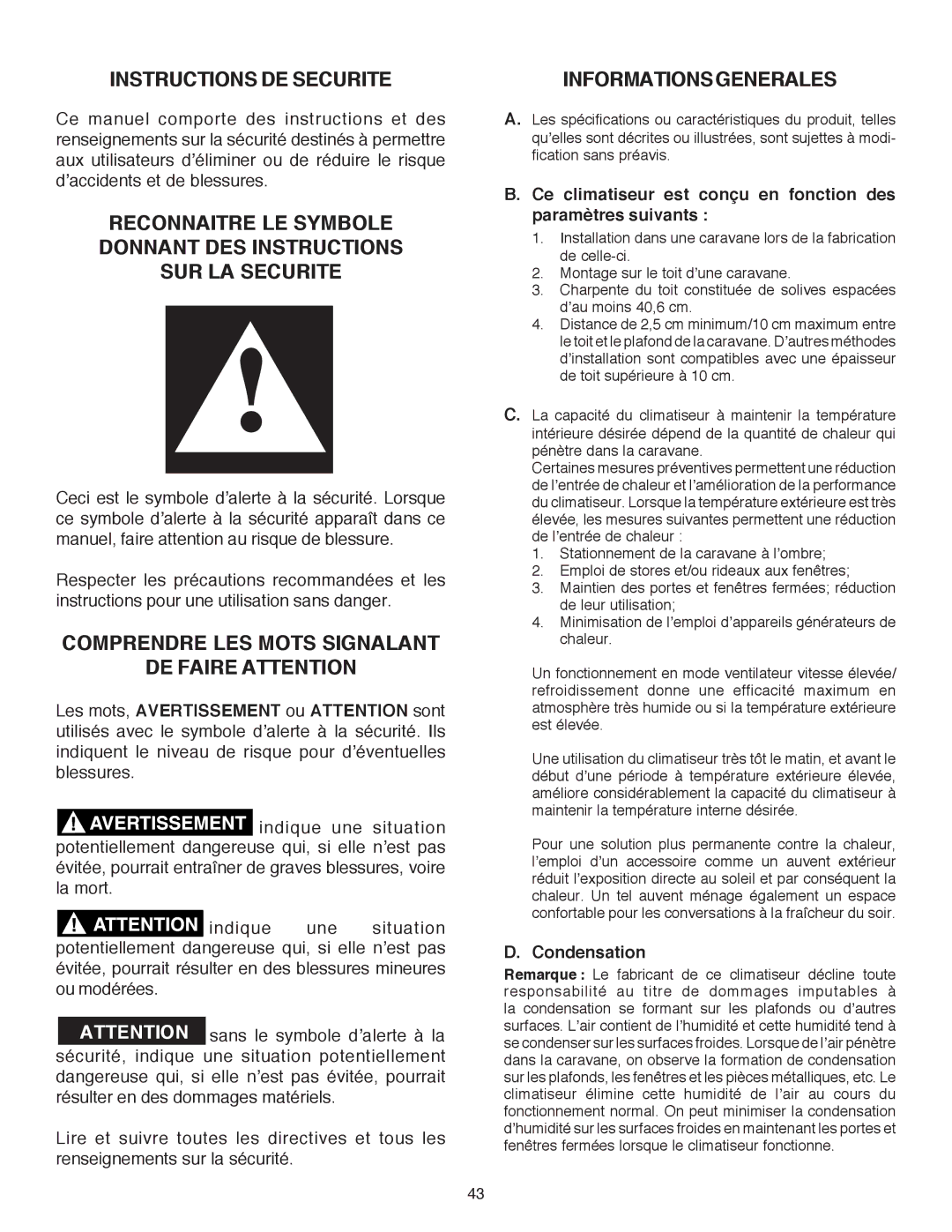 Dometic B3200 manual Instructions DE Securite, Comprendre LES Mots Signalant DE Faire Attention, Informationsgenerales 