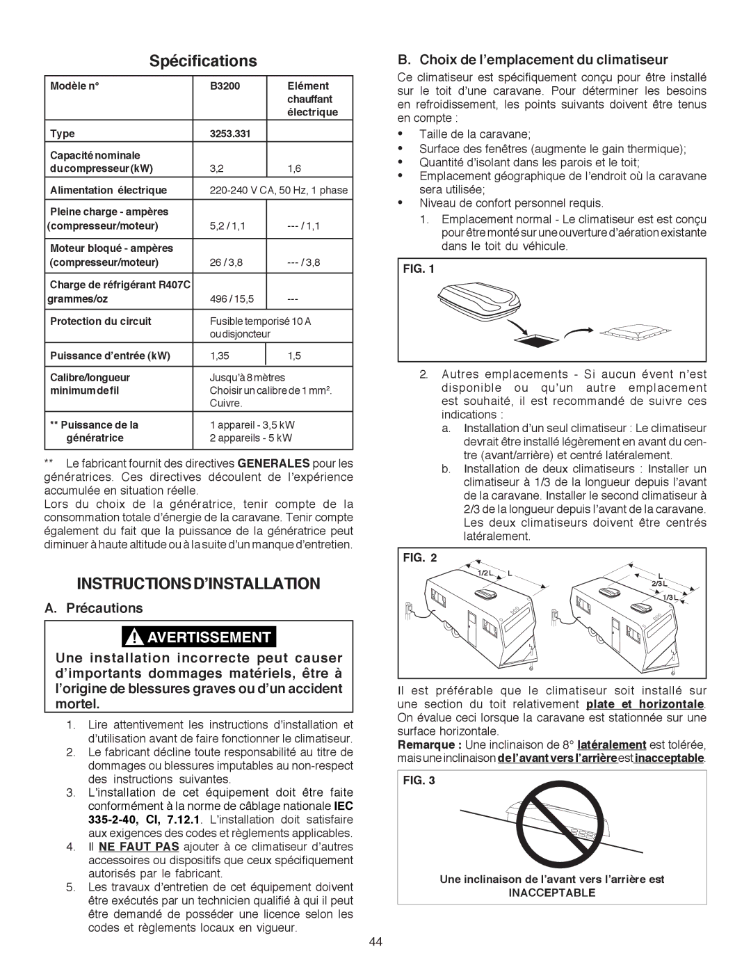 Dometic B3200 manual Instructionsd’Installation, Choix de l’emplacement du climatiseur 