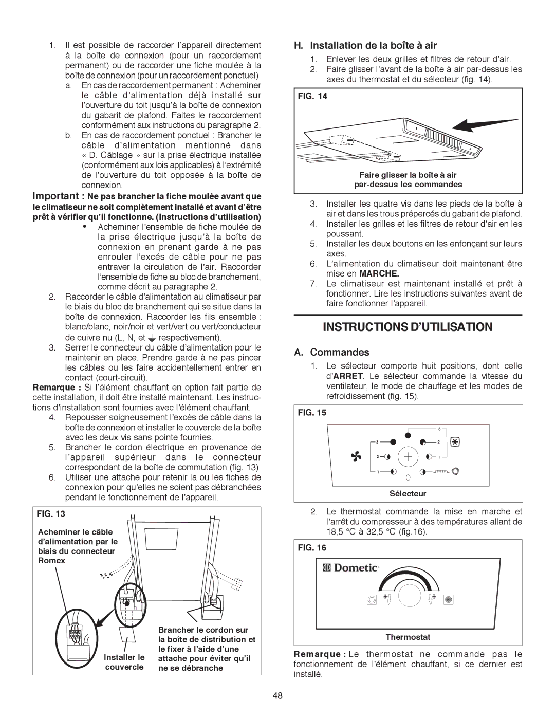 Dometic B3200 manual Instructions D’UTILISATION, Installation de la boîte à air, Commandes 