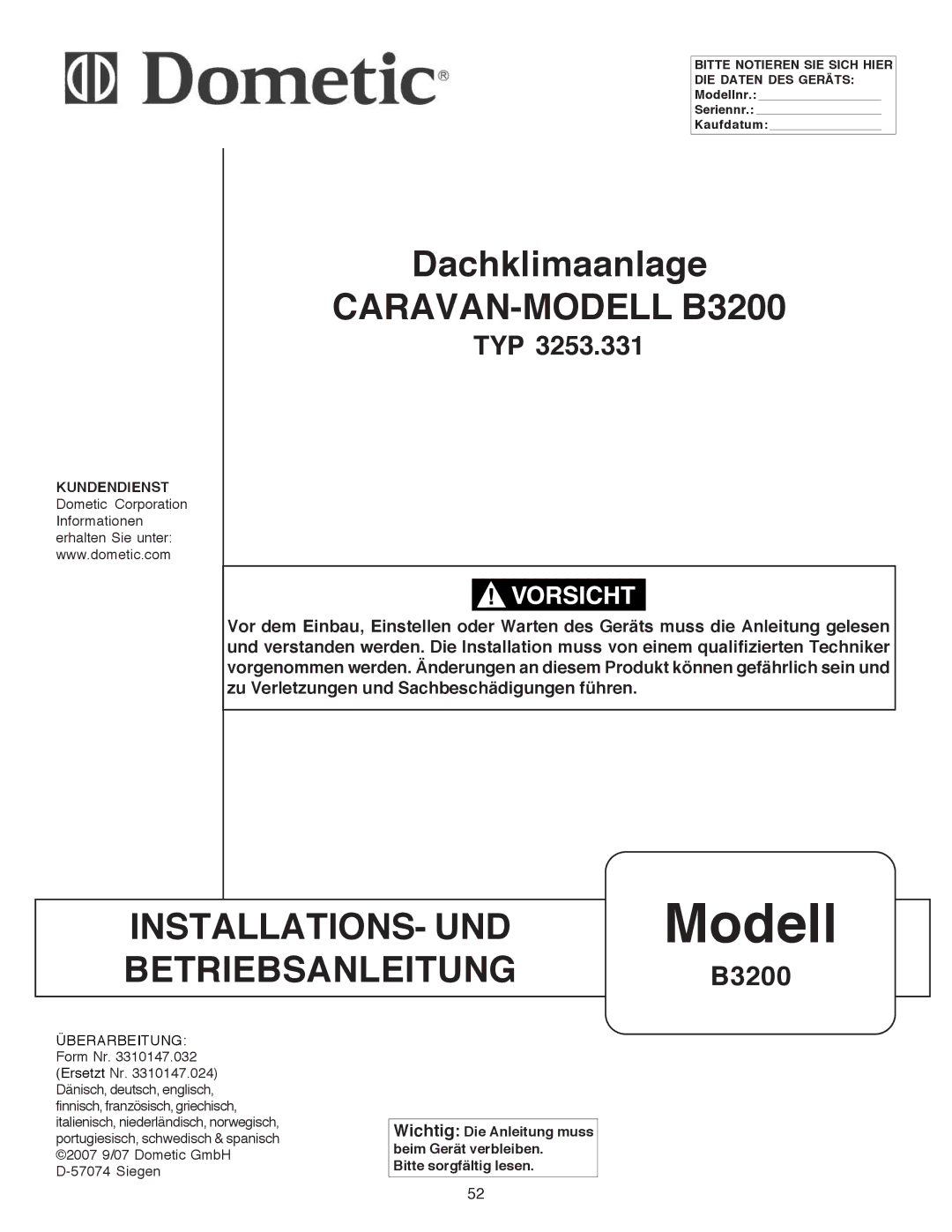 Dometic manual CARAVAN-MODELL B3200 