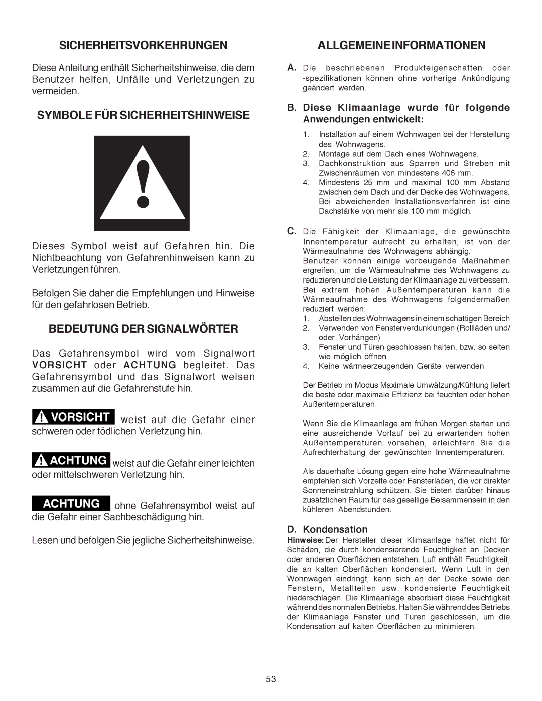 Dometic B3200 manual Sicherheitsvorkehrungen, Symbole FÜR Sicherheitshinweise, Bedeutung DER Signalwörter 