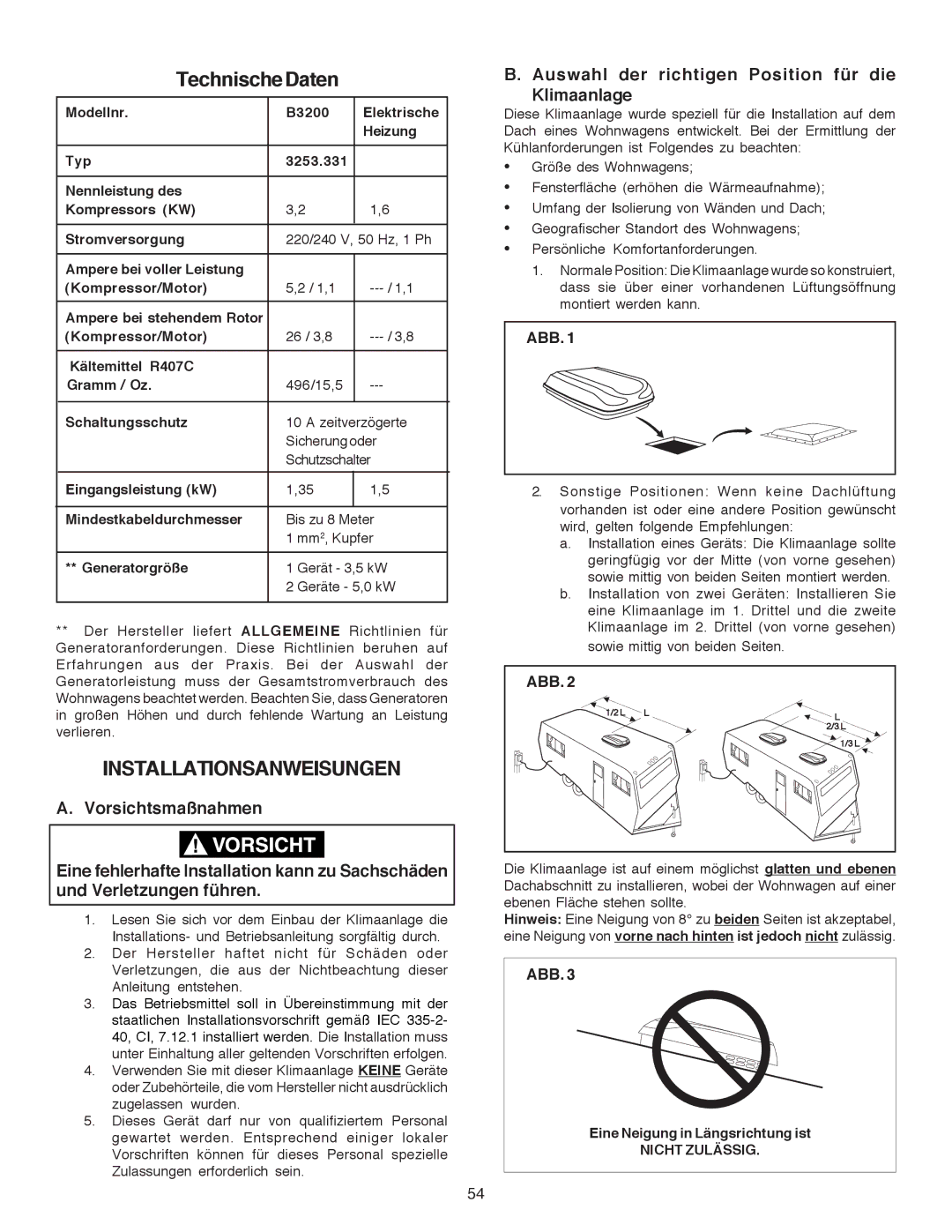 Dometic B3200 manual Installationsanweisungen, Auswahl der richtigen Position für die Klimaanlage 