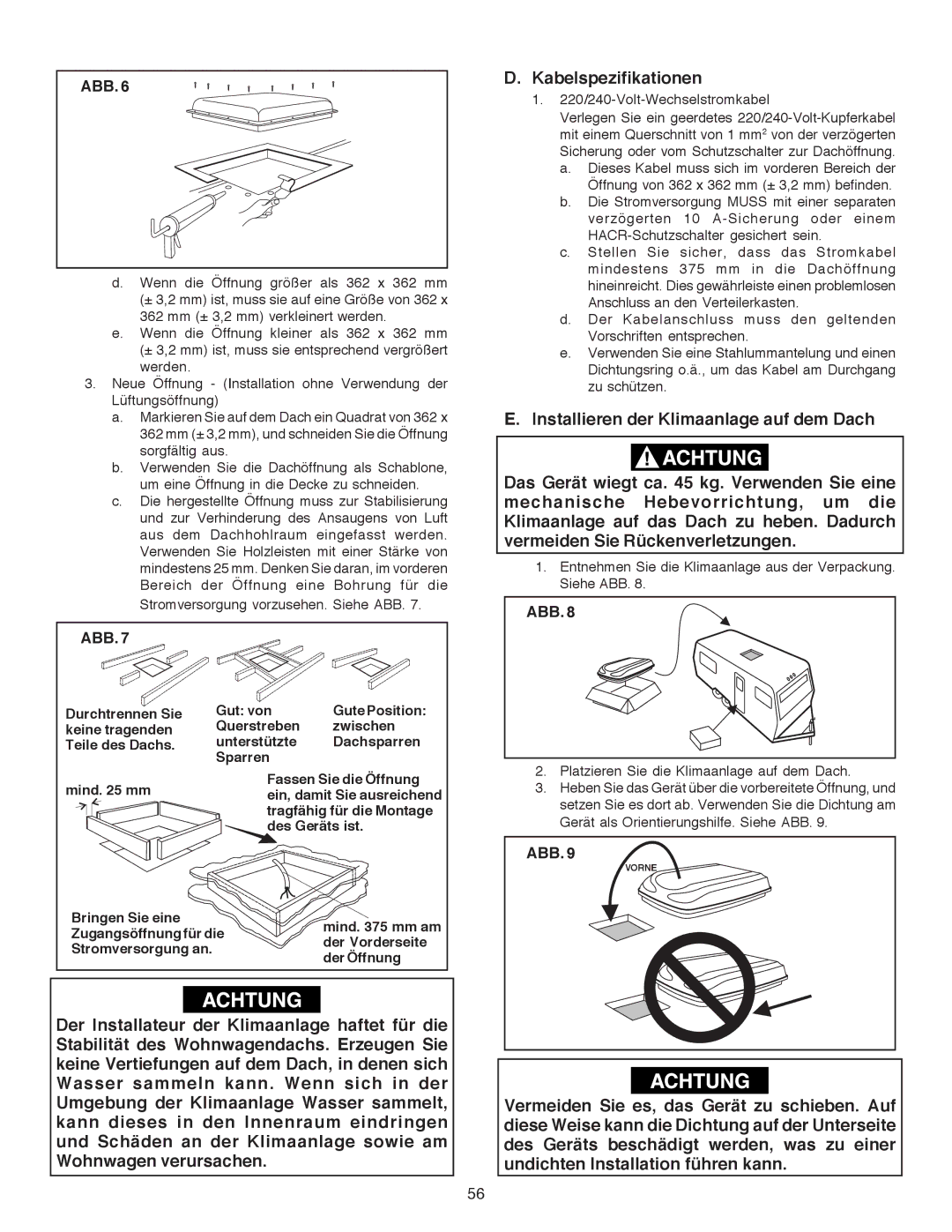 Dometic B3200 manual Kabelspezifikationen, Platzieren Sie die Klimaanlage auf dem Dach 