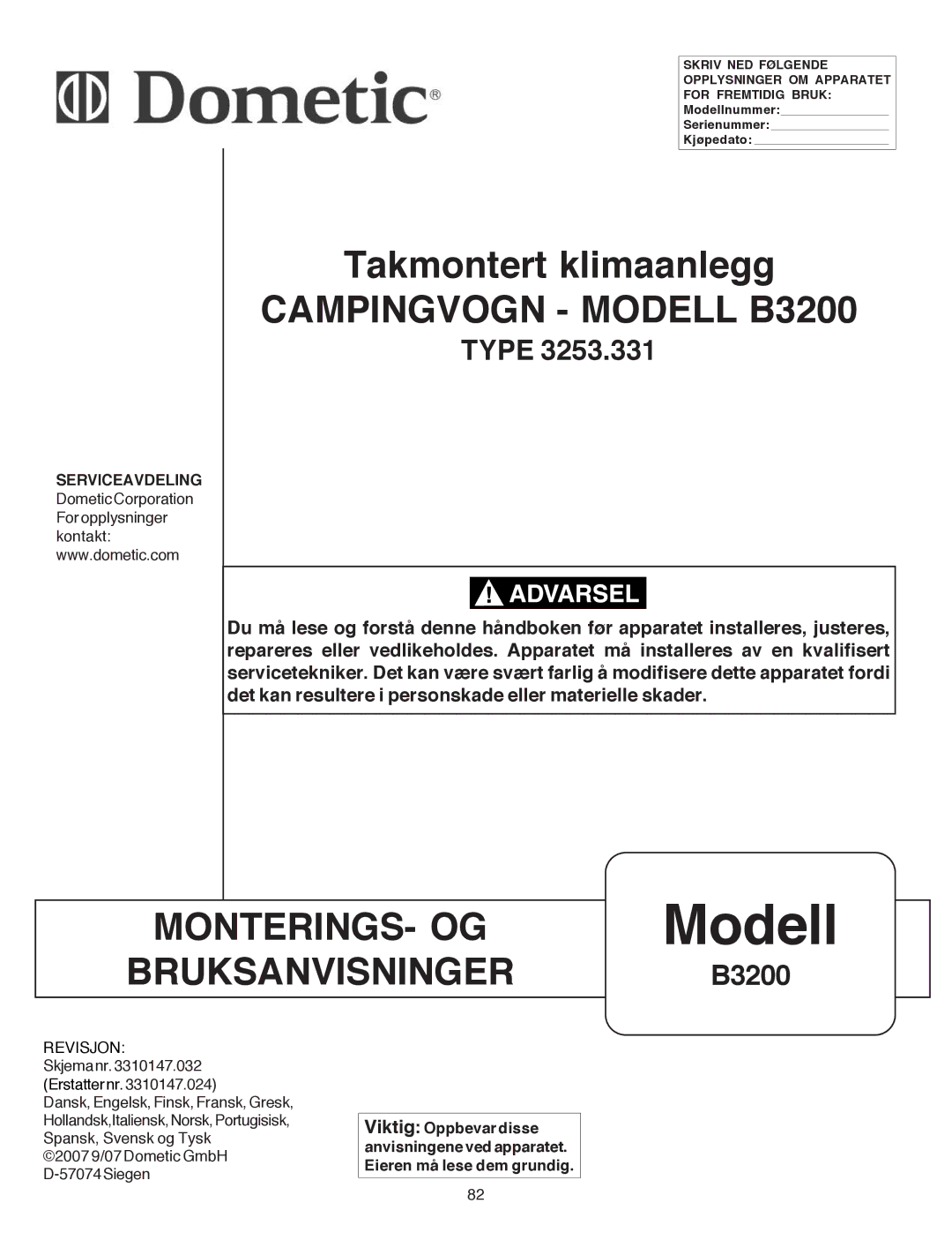 Dometic manual Campingvogn Modell B3200, Skjemanr.3310147.032 Erstatternr.3310147.024 