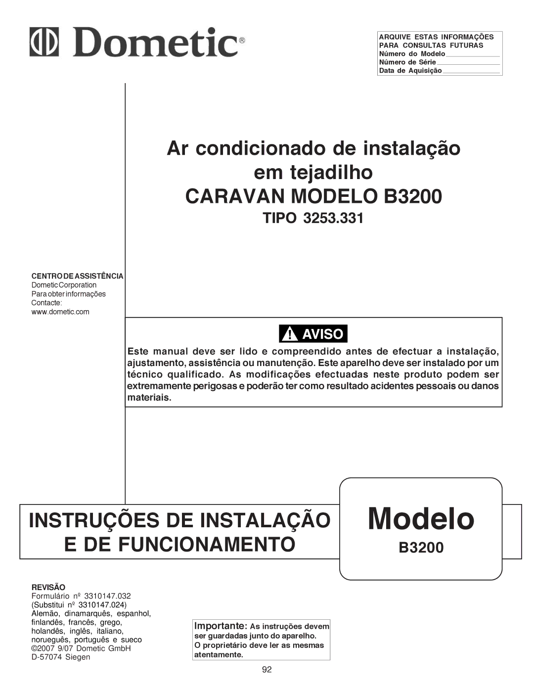 Dometic B3200 manual Modelo 