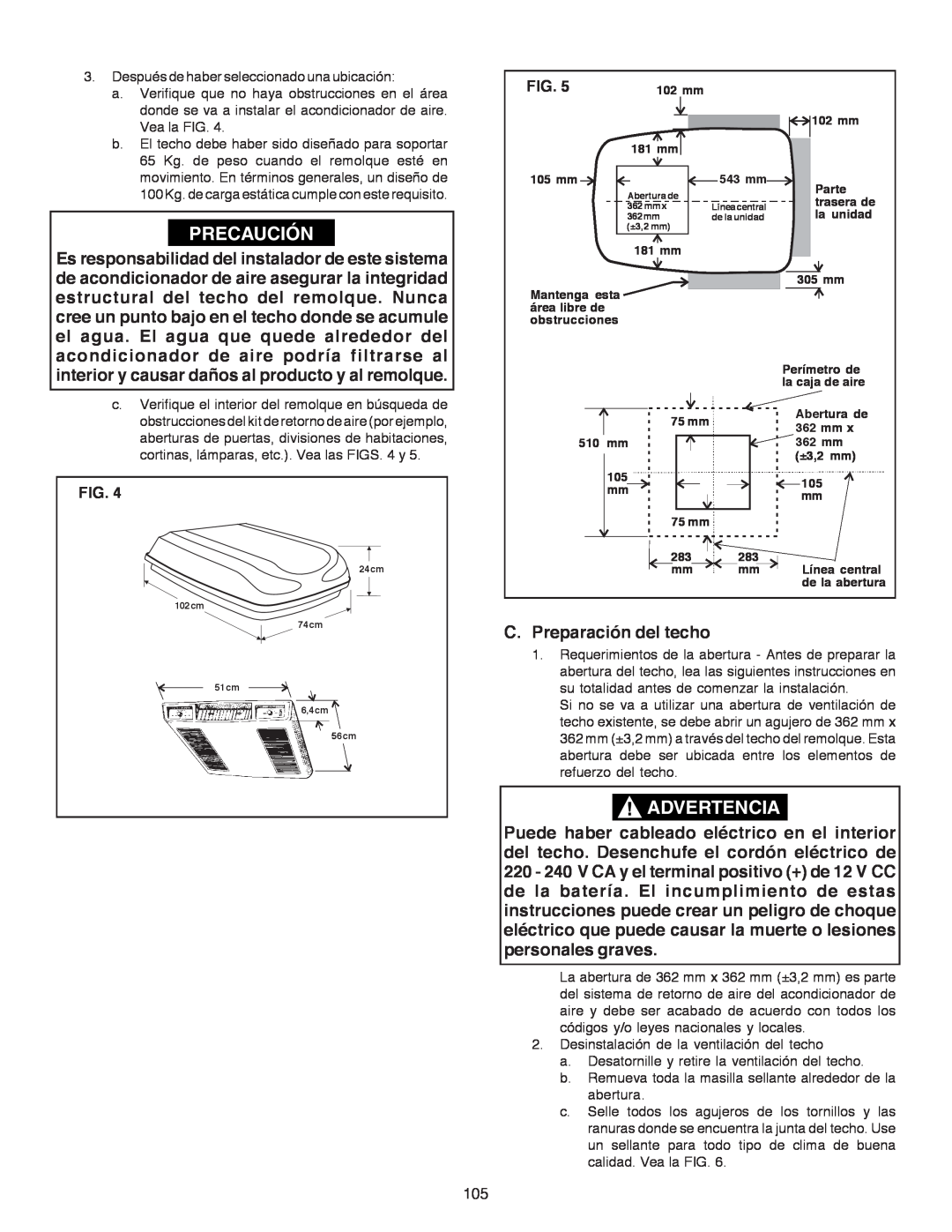 Dometic B3200 manual Precaución, Advertencia, C. Preparación del techo, Fig 