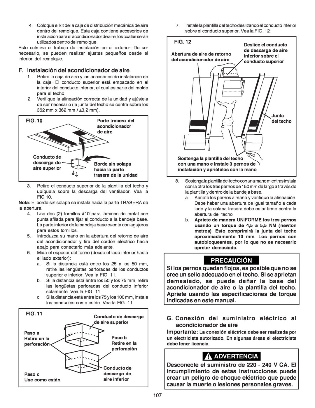 Dometic B3200 manual Precaución, Advertencia, F.Instalación del acondicionador de aire 