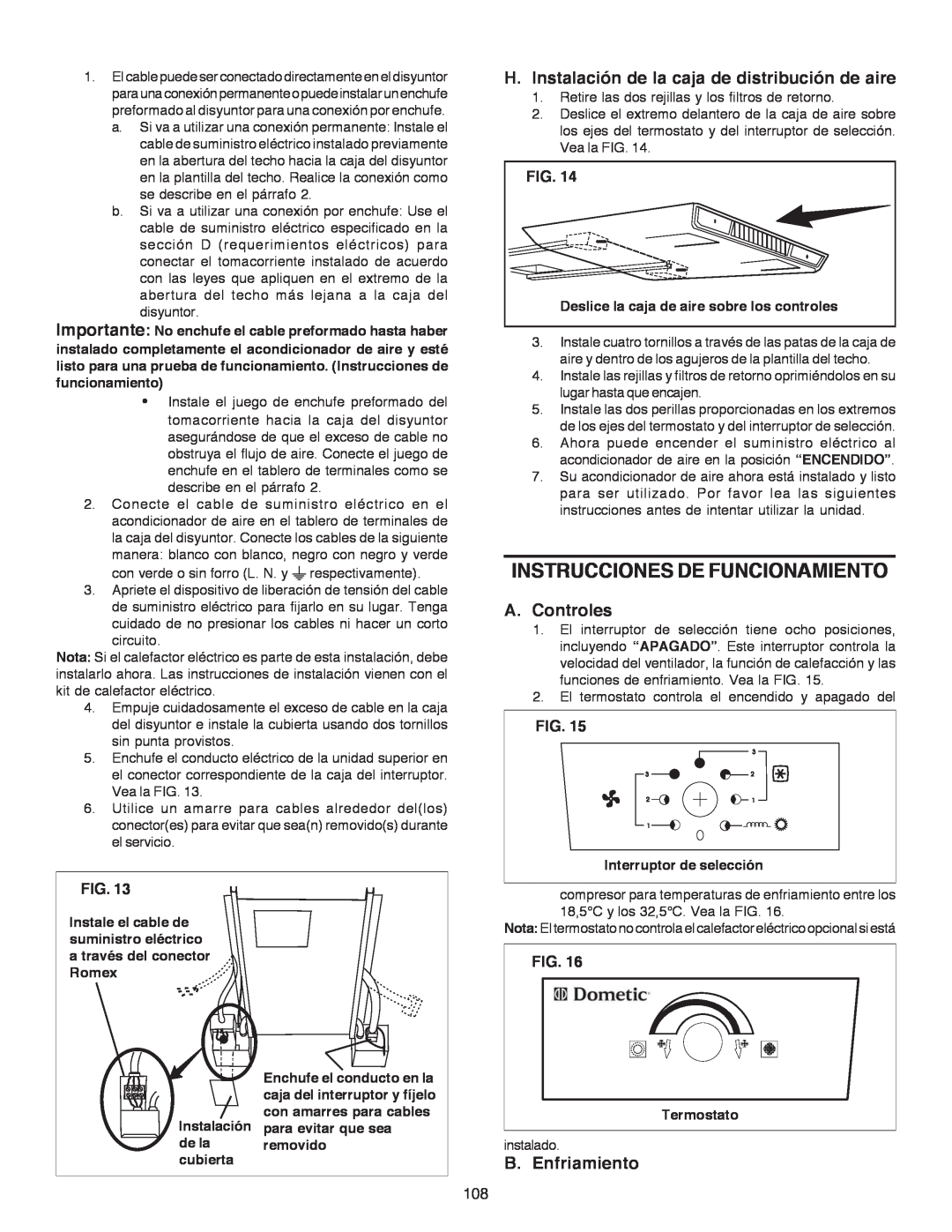 Dometic B3200 manual Instrucciones De Funcionamiento, H.Instalación de la caja de distribución de aire, A.Controles, Fig 