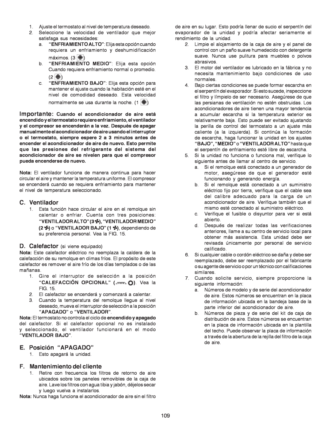 Dometic B3200 manual C.Ventilador, E. Posición “APAGADO”, F.Mantenimiento del cliente 