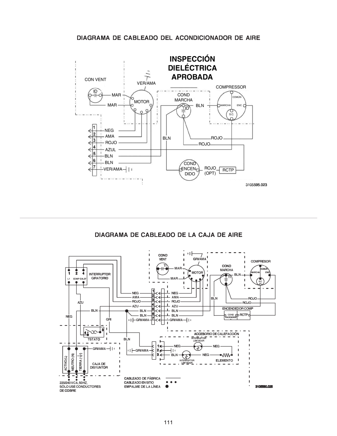 Dometic B3200 manual Aprobada, Inspección, Dieléctrica, Diagrama De Cableado Del Acondicionador De Aire 