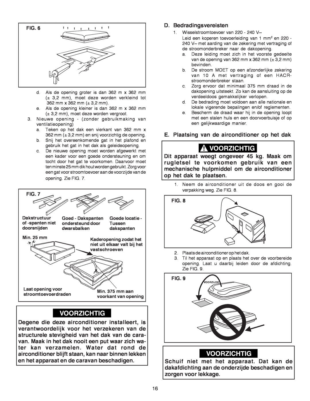 Dometic B3200 manual D.Bedradingsvereisten, E.Plaatsing van de airconditioner op het dak, Fig 