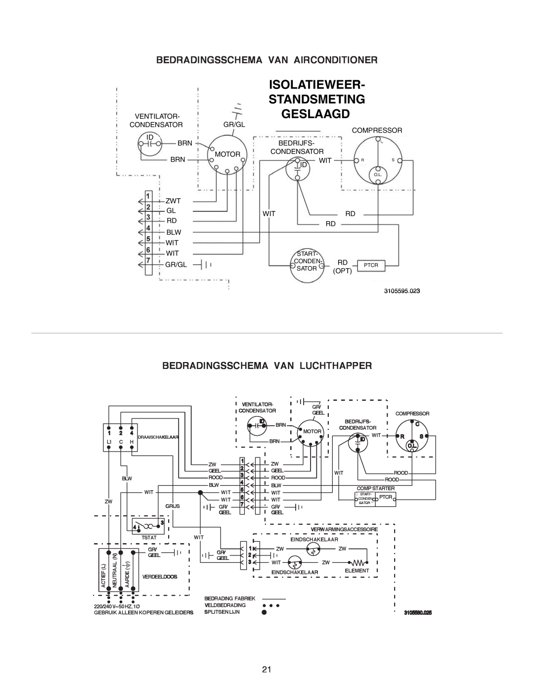 Dometic B3200 manual Isolatieweer Standsmeting, Bedradingsschema Van Airconditioner, Bedradingsschema Van Luchthapper 