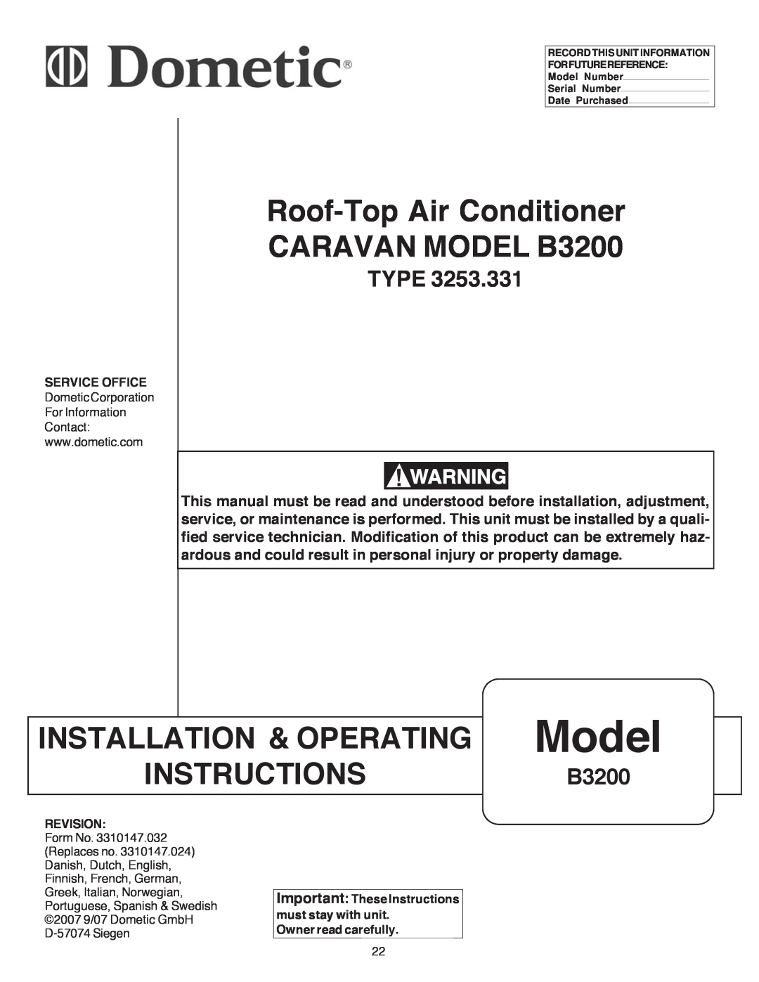 Dometic manual Model, Roof-TopAir Conditioner CARAVAN MODEL B3200, Installation & Operating, Instructions, Type 