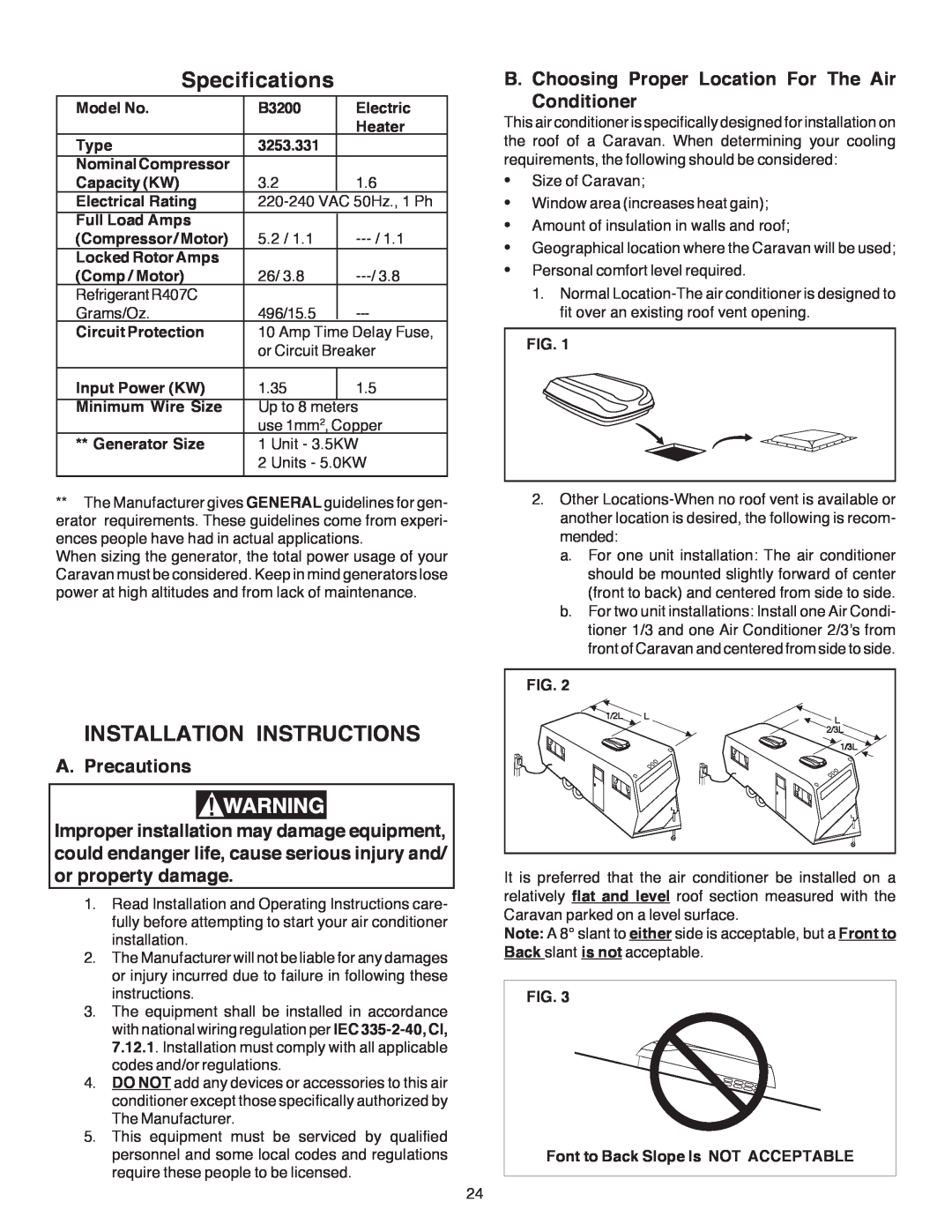 Dometic B3200 manual Specifications, Installation Instructions 