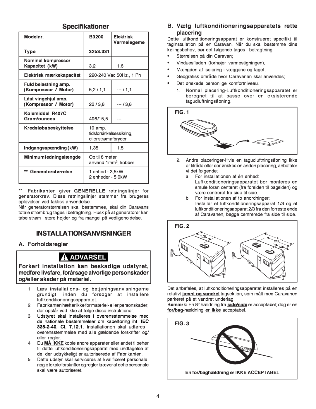 Dometic B3200 manual Specifikationer, Installationsanvisninger, A. Forholdsregler 