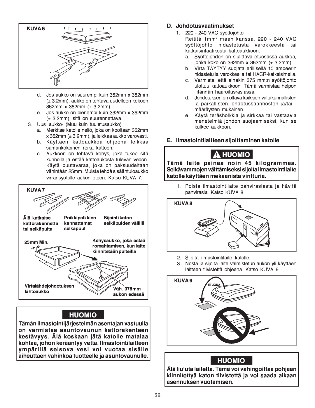 Dometic B3200 manual Huomio, D.Johdotusvaatimukset, E.Ilmastointilaitteen sijoittaminen katolle, Kuva 