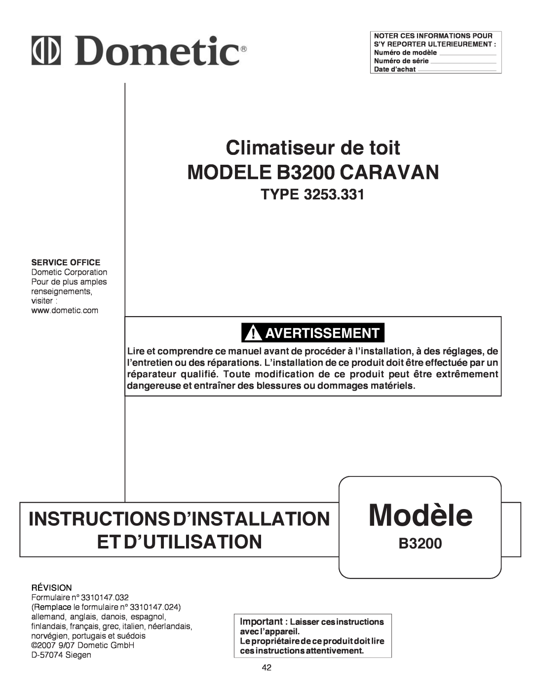 Dometic manual Climatiseur de toit MODELE B3200 CARAVAN, INSTRUCTIONS D’INSTALLATION Modèle, ET D’UTILISATIONB3200, Type 