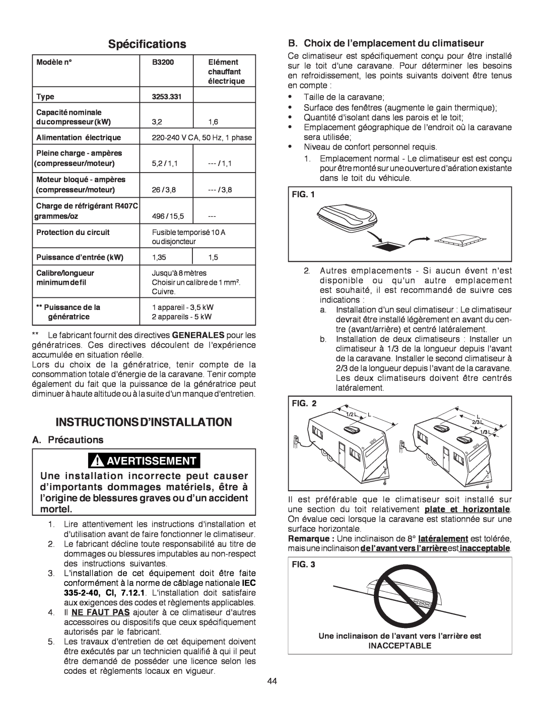 Dometic B3200 Spécifications, Instructionsd’Installation, A. Précautions, B. Choix de l’emplacement du climatiseur, Fig 