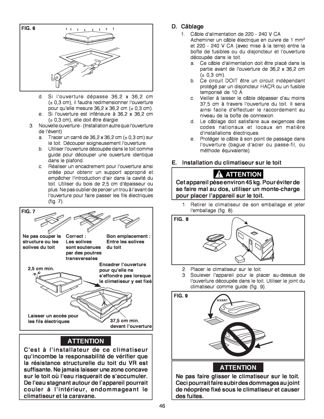 Dometic B3200 manual D.Câblage, E.Installation du climatiseur sur le toit, Fig 