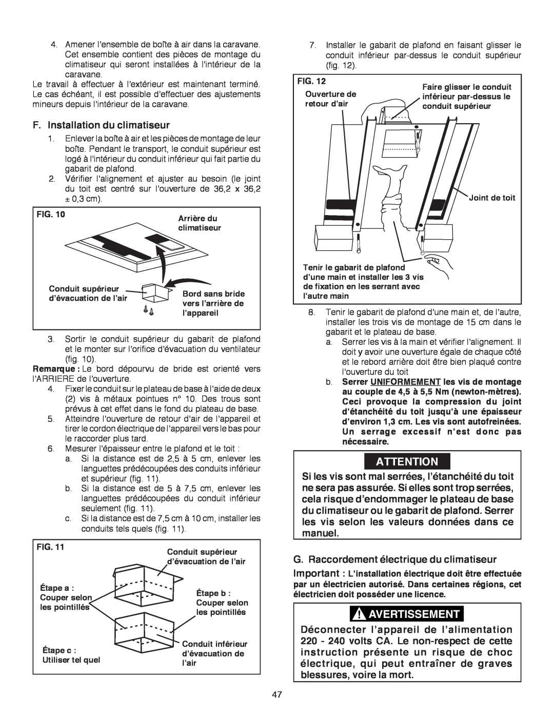 Dometic B3200 manual F.Installation du climatiseur, G. Raccordement électrique du climatiseur, Fig 