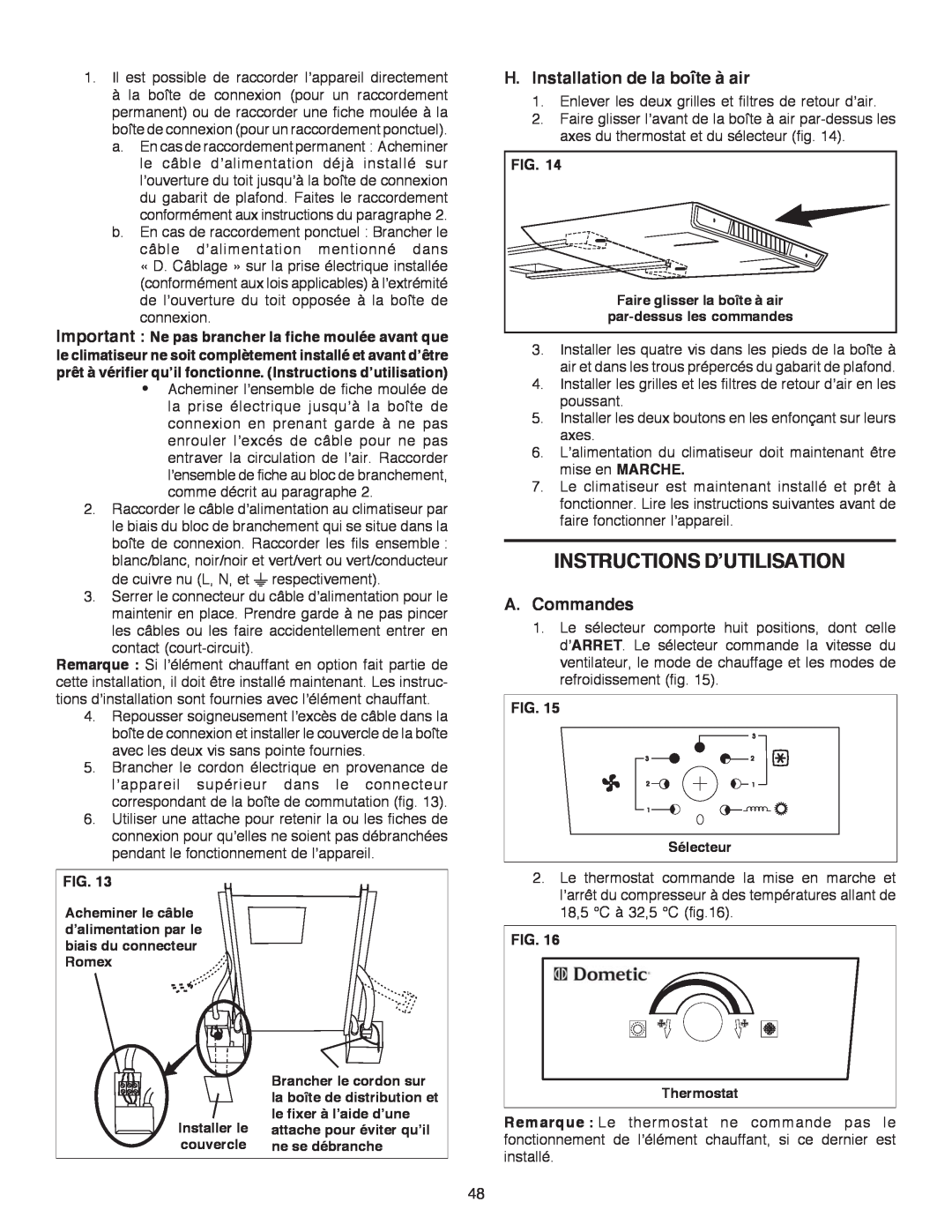 Dometic B3200 manual Instructions D’Utilisation, H.Installation de la boîte à air, A.Commandes, Fig 