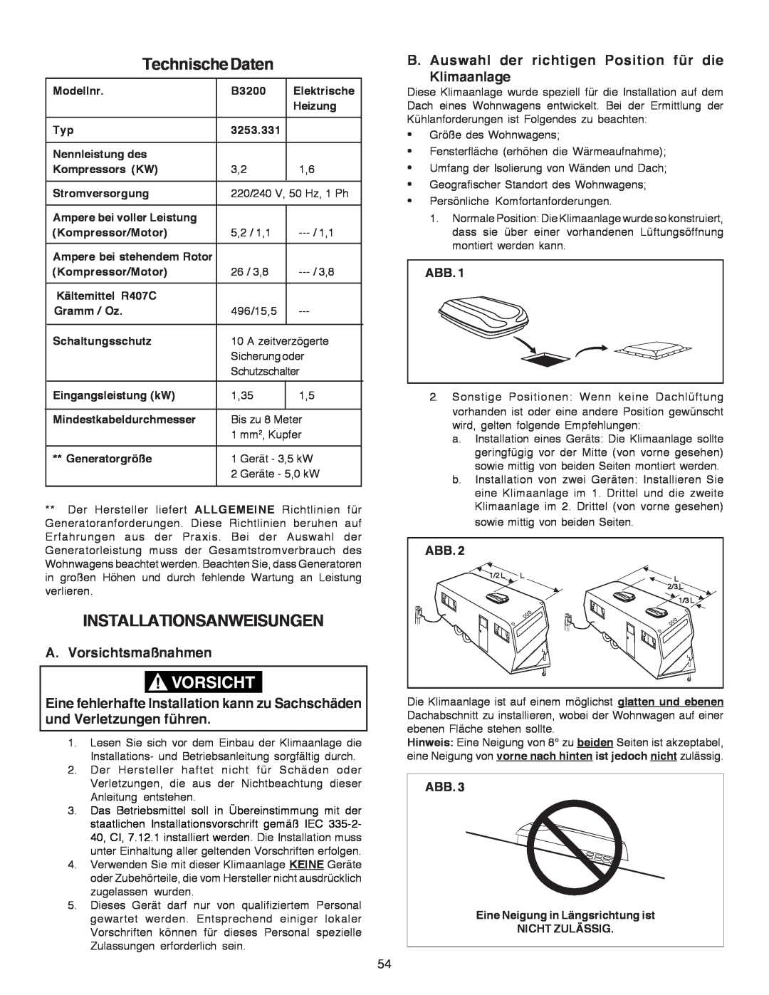 Dometic B3200 manual TechnischeDaten, Installationsanweisungen, A. Vorsichtsmaßnahmen 
