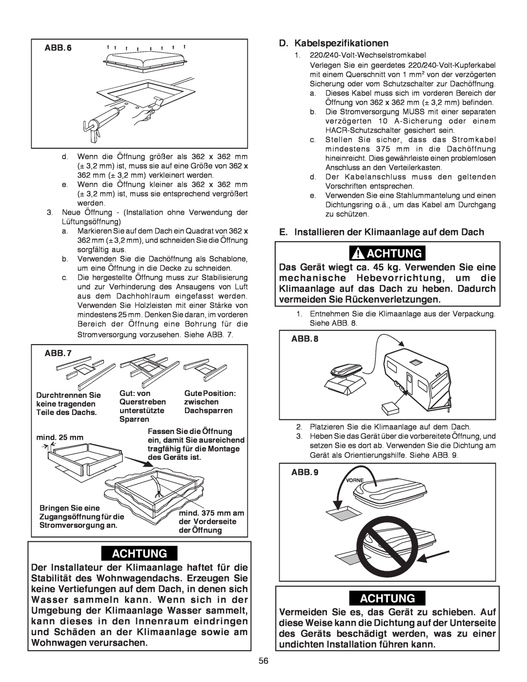Dometic B3200 manual D.Kabelspezifikationen, E.Installieren der Klimaanlage auf dem Dach 