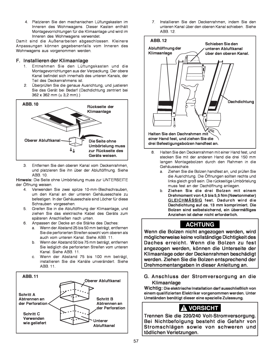 Dometic B3200 manual F.Installieren der Klimaanlage 
