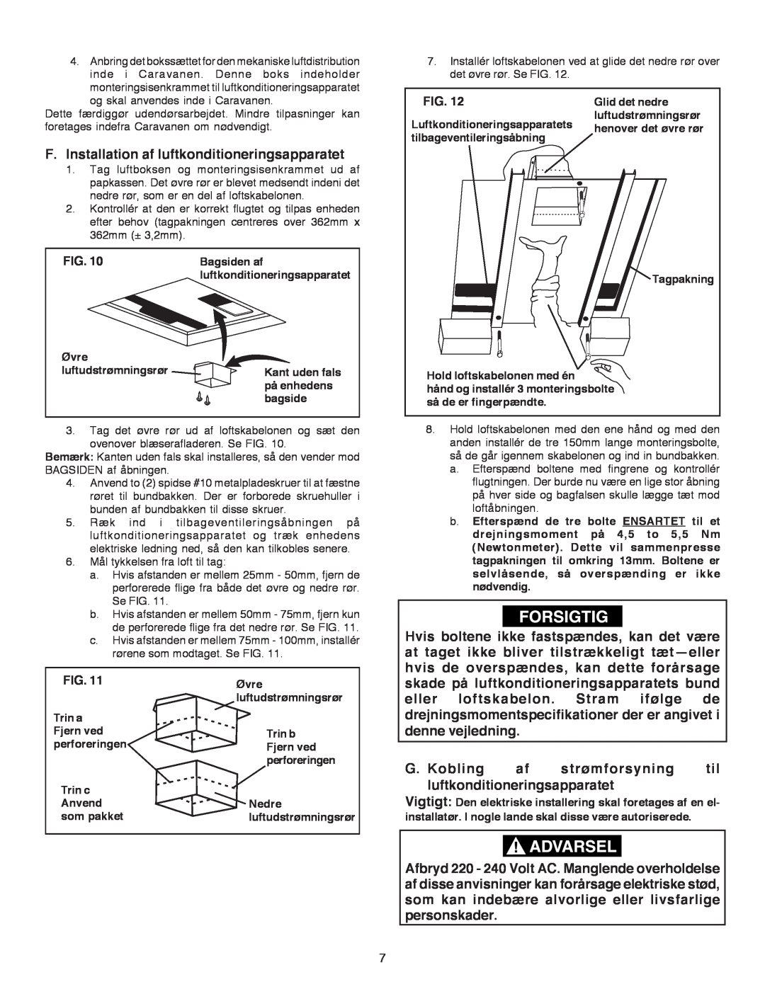 Dometic B3200 manual F.Installation af luftkonditioneringsapparatet 