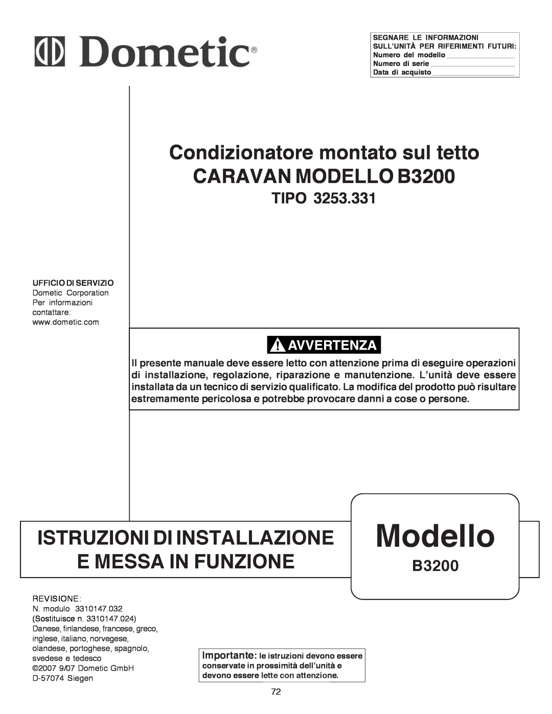 Dometic manual Modello, Condizionatore montato sul tetto, CARAVAN MODELLO B3200, Istruzioni Di Installazione, Tipo 