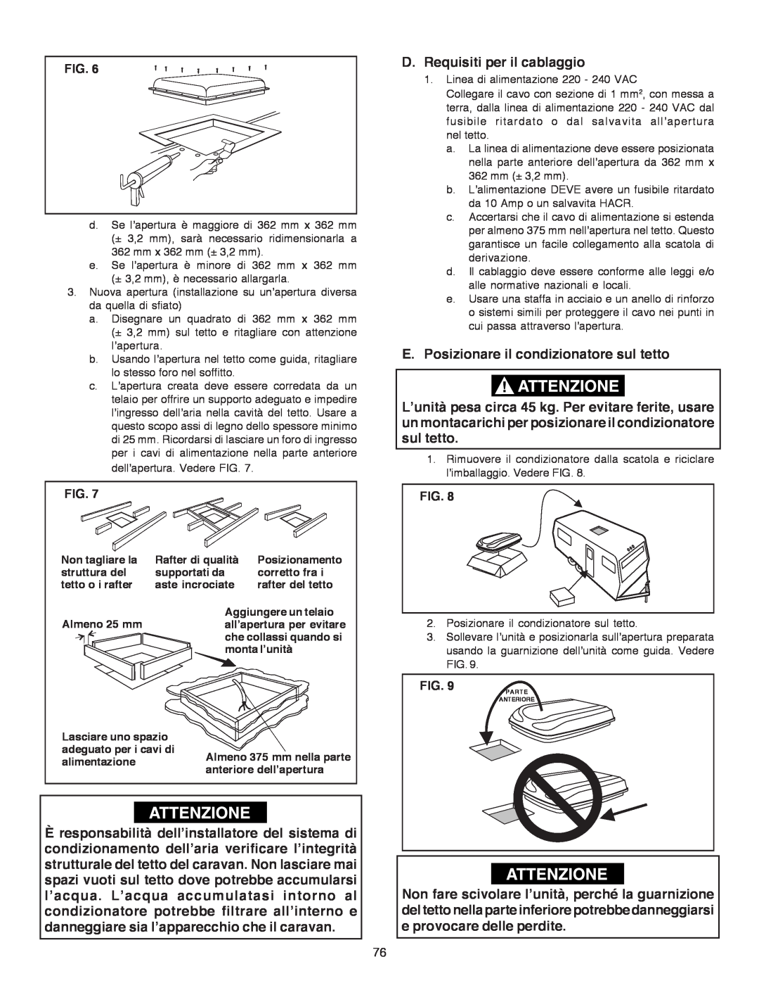 Dometic B3200 manual D.Requisiti per il cablaggio, E.Posizionare il condizionatore sul tetto, Fig 