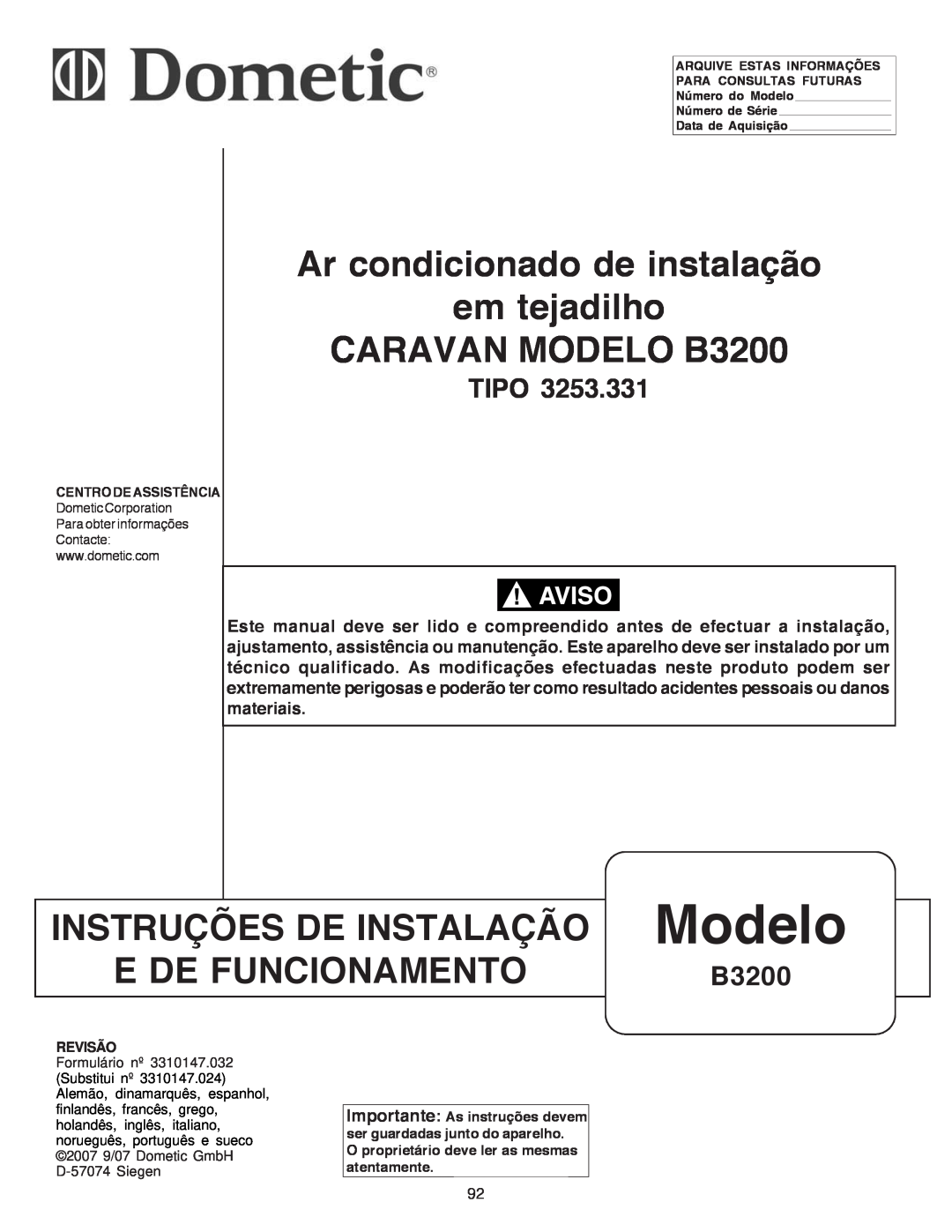 Dometic manual Modelo, Ar condicionado de instalação em tejadilho, CARAVAN MODELO B3200, Instruções De Instalação, Tipo 