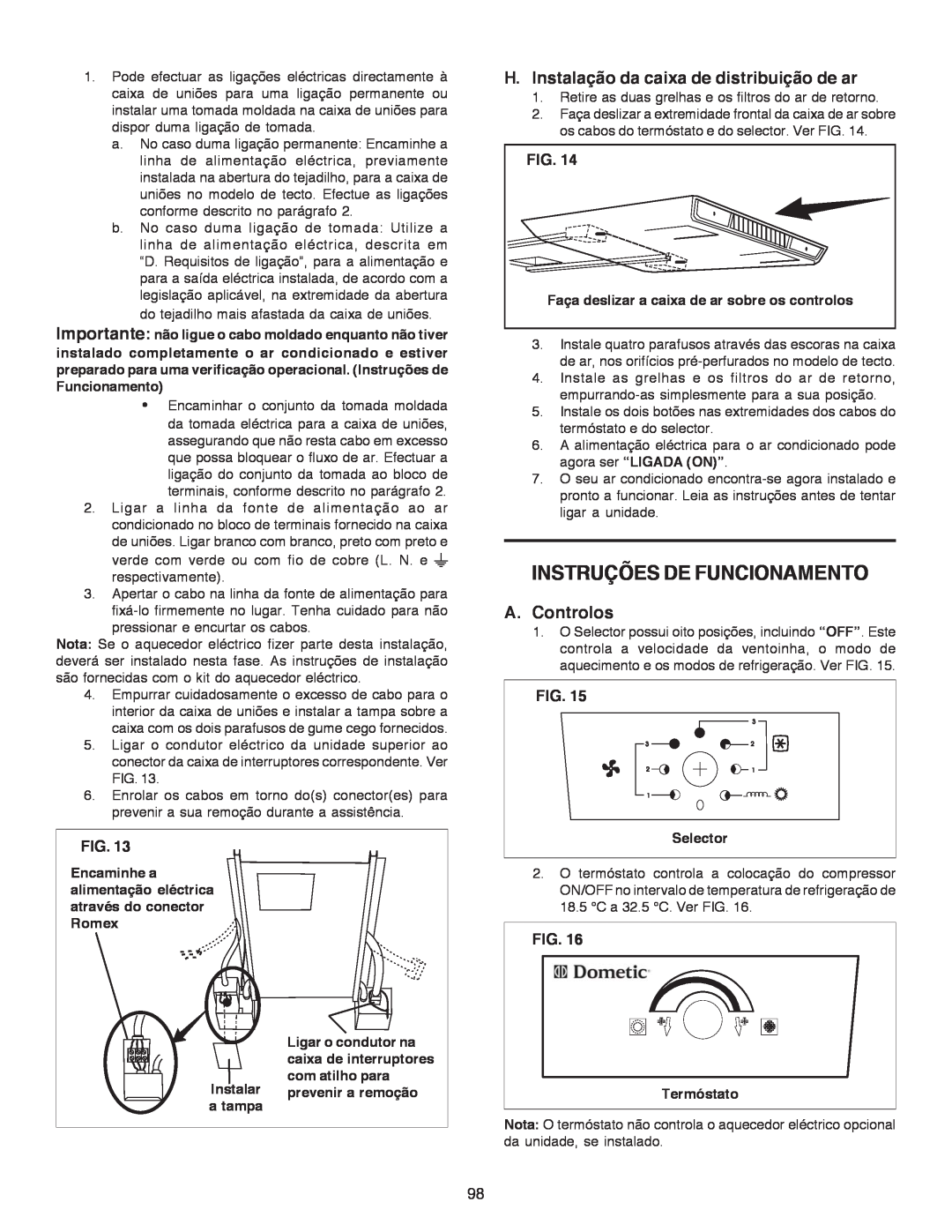 Dometic B3200 manual Instruções De Funcionamento, H.Instalação da caixa de distribuição de ar, A.Controlos, Fig 
