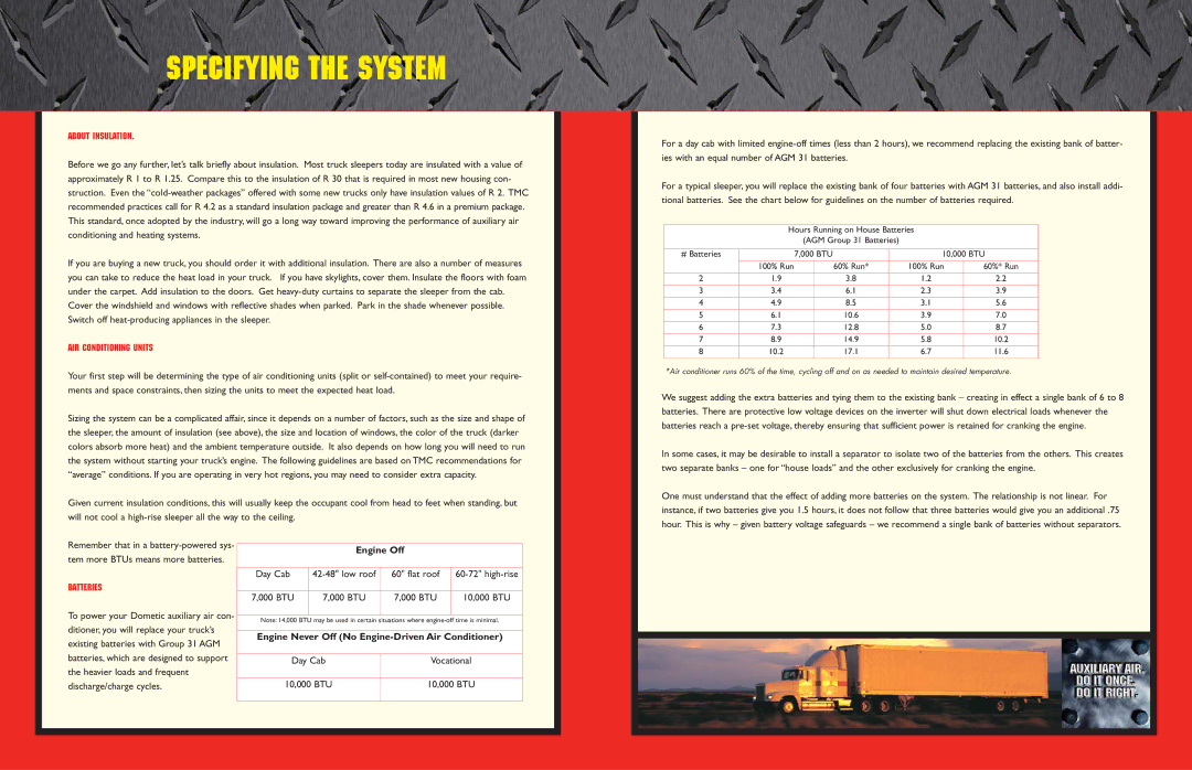 Dometic Battery-Powered Auxiliary Air Conditioning System Specifying the System, About Insulation, AIR Conditioning Units 