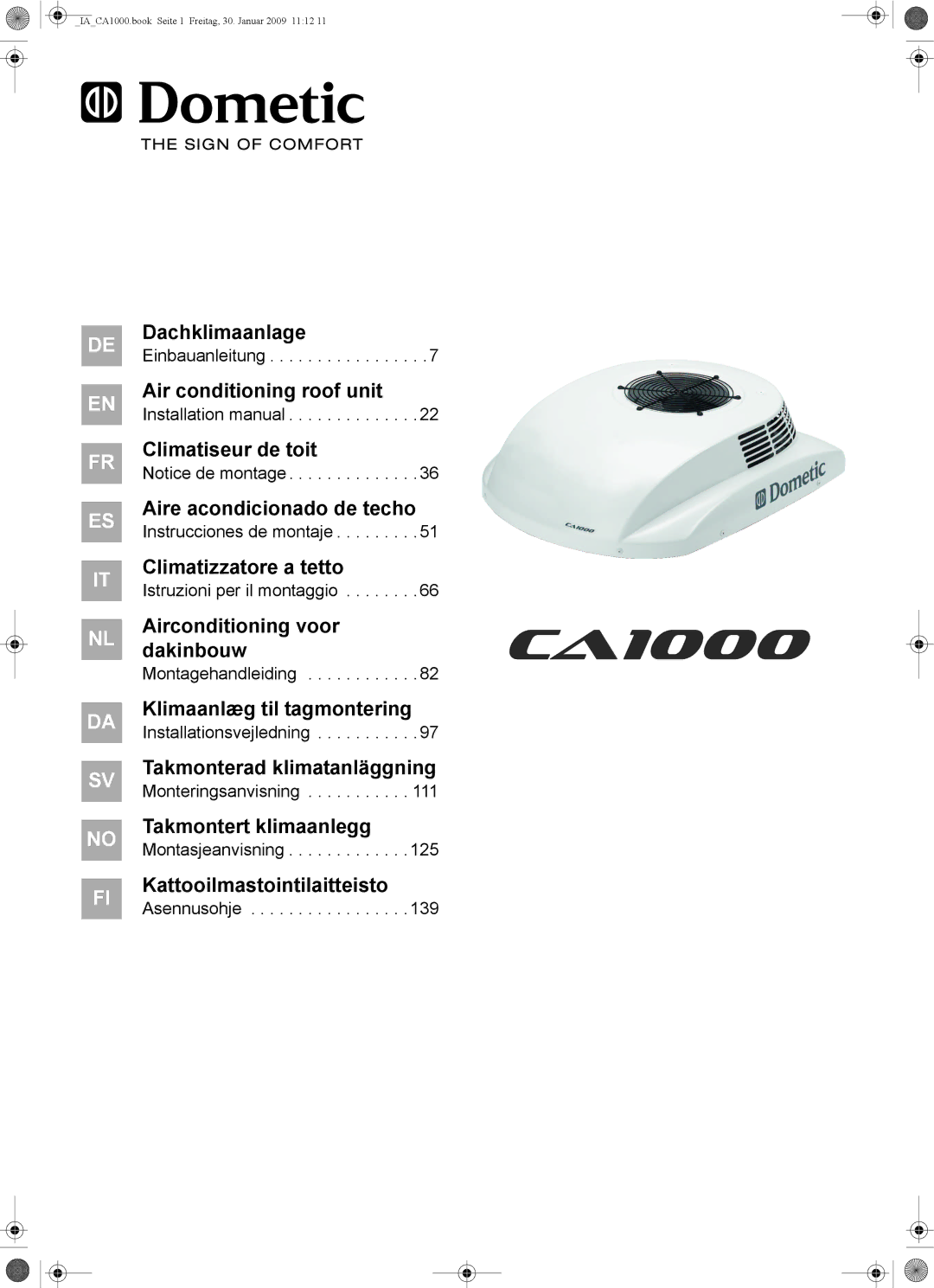 Dometic CA1000 installation manual Dachklimaanlage, Air conditioning roof unit, Climatizzatore a tetto 