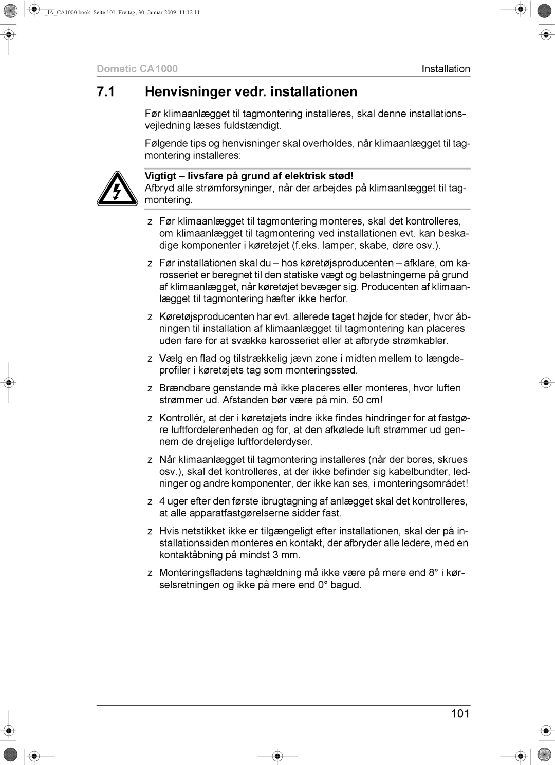 Dometic CA1000 installation manual Henvisninger vedr. installationen, 101 