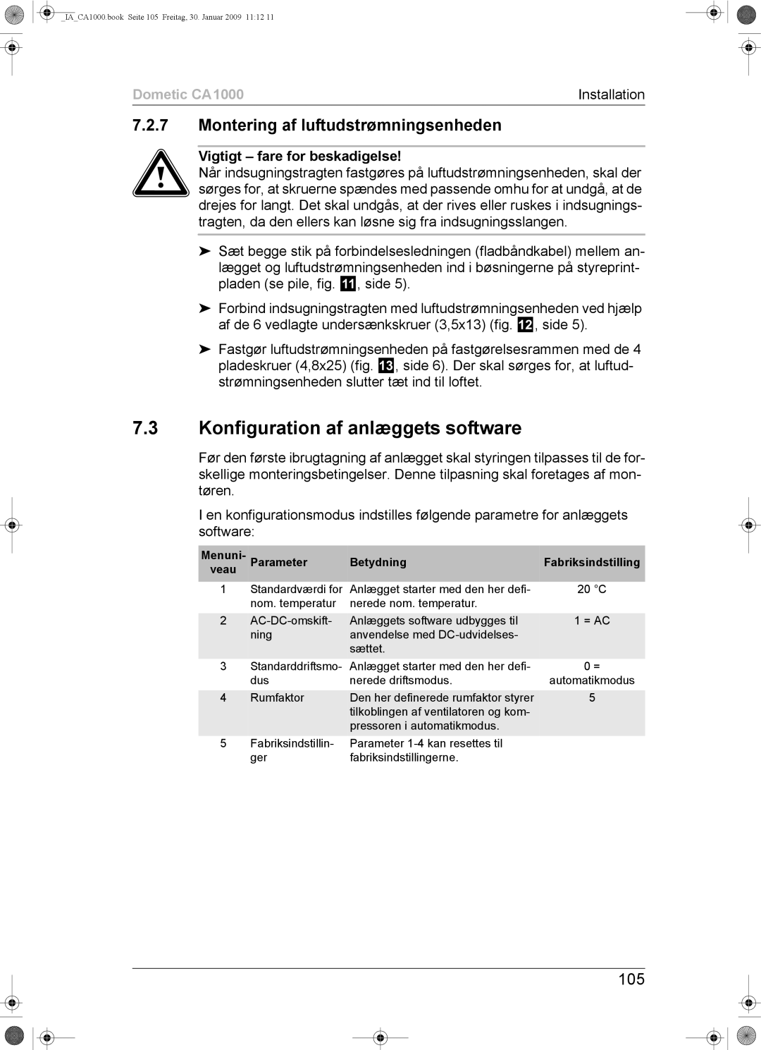 Dometic CA1000 installation manual Konfiguration af anlæggets software, Montering af luftudstrømningsenheden, 105 