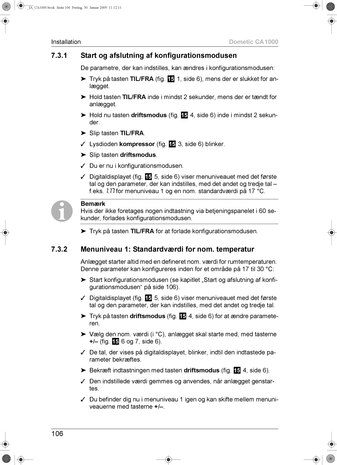 Dometic CA1000 Start og afslutning af konfigurationsmodusen, Menuniveau 1 Standardværdi for nom. temperatur, 106 