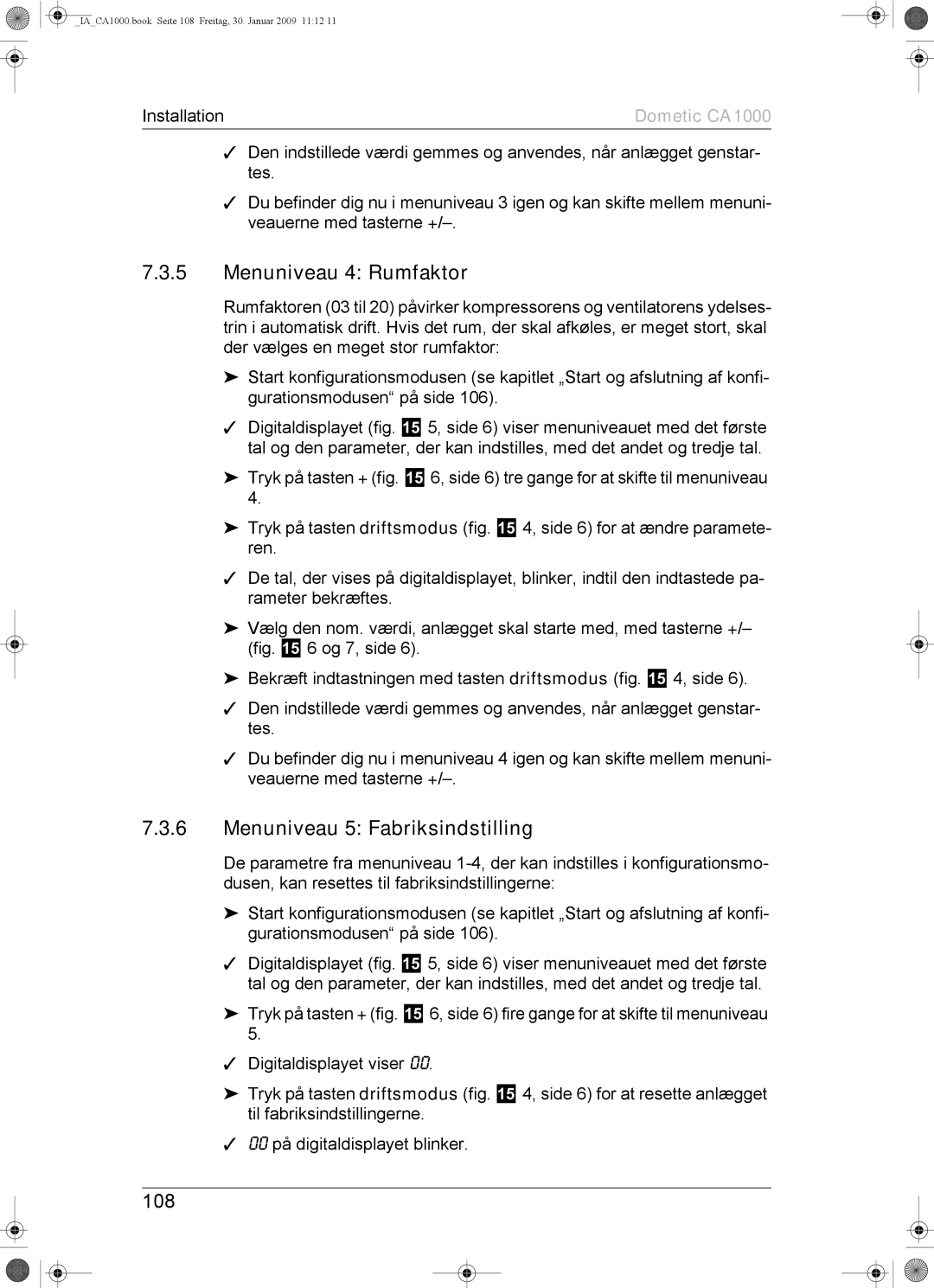 Dometic CA1000 installation manual Menuniveau 4 Rumfaktor, Menuniveau 5 Fabriksindstilling, 108 