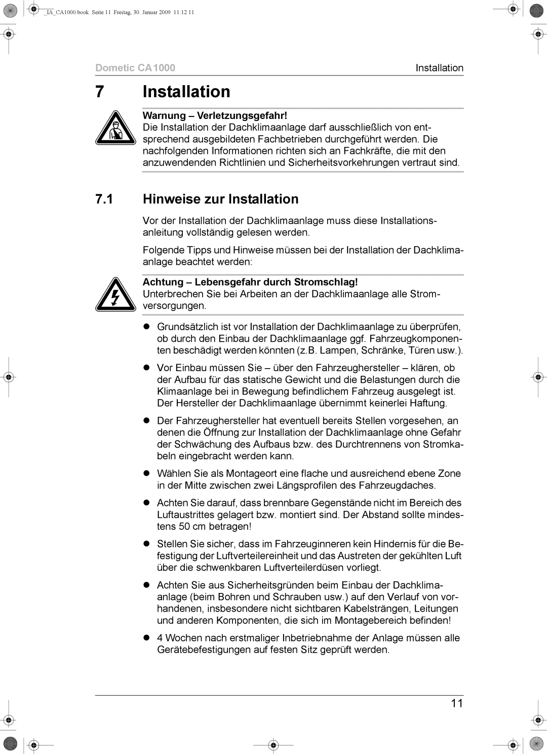 Dometic CA1000 installation manual Hinweise zur Installation 