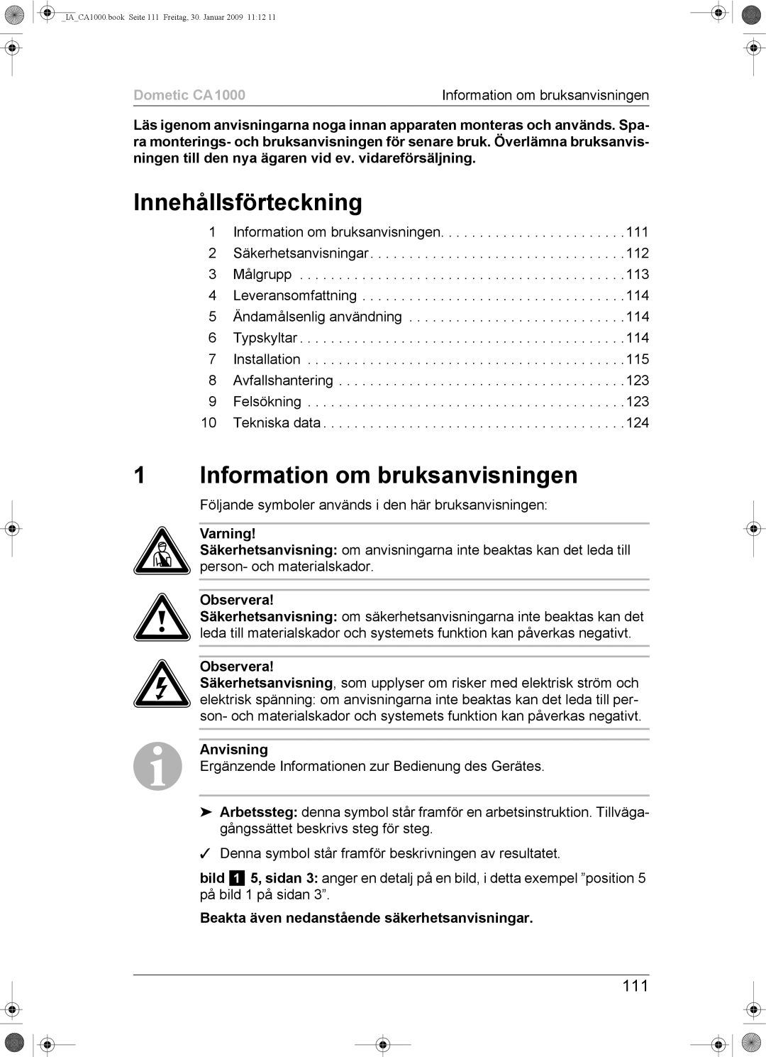 Dometic CA1000 Innehållsförteckning, Information om bruksanvisningen, 111, Beakta även nedanstående säkerhetsanvisningar 