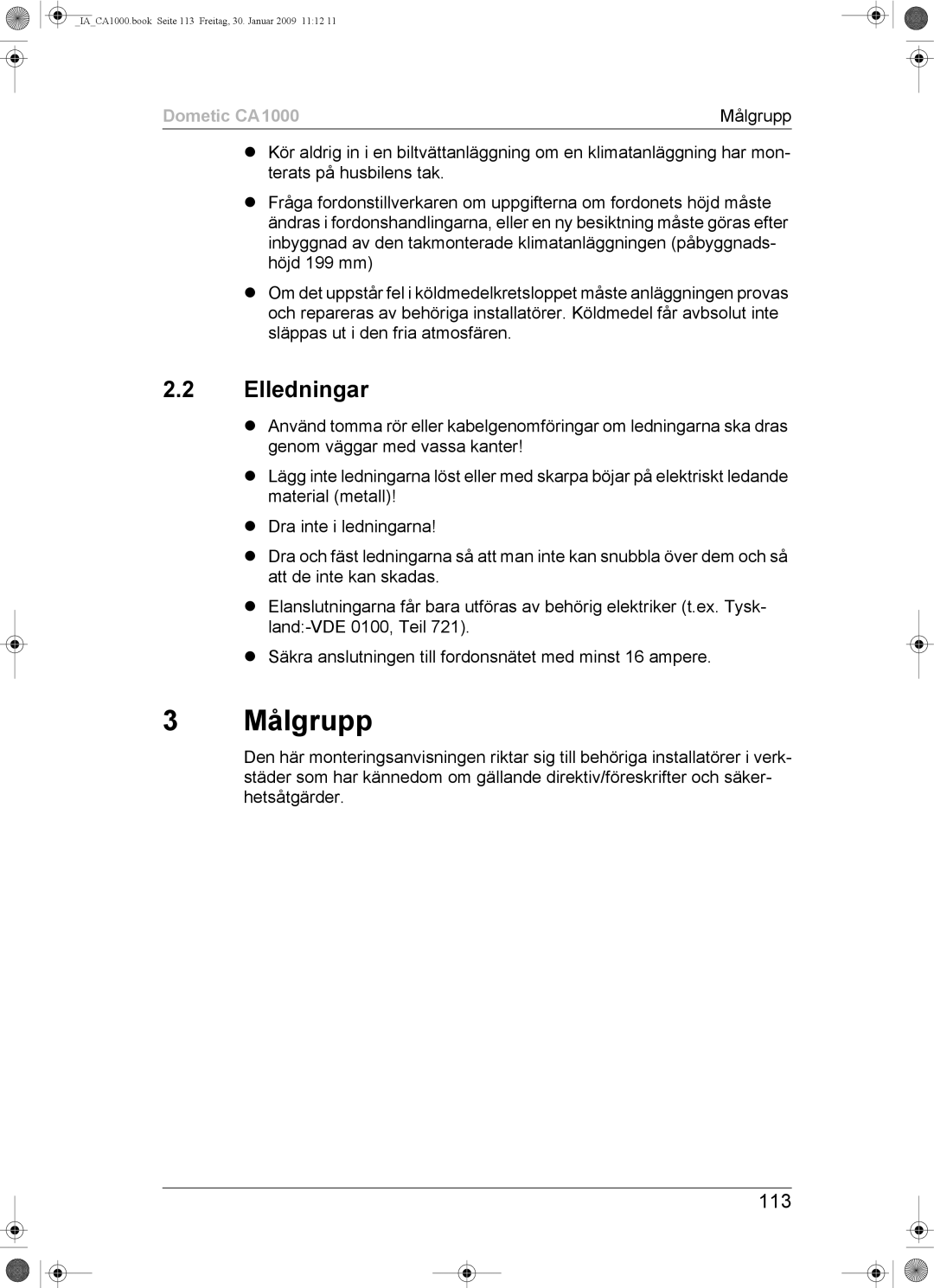 Dometic CA1000 installation manual Målgrupp, Elledningar, 113 