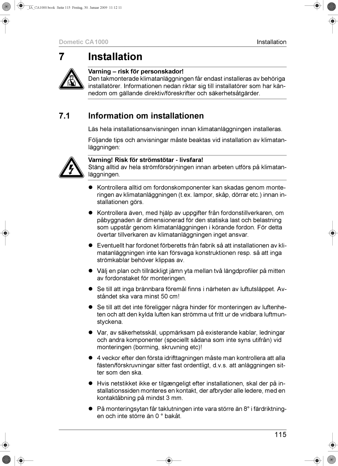 Dometic CA1000 installation manual Information om installationen, 115 