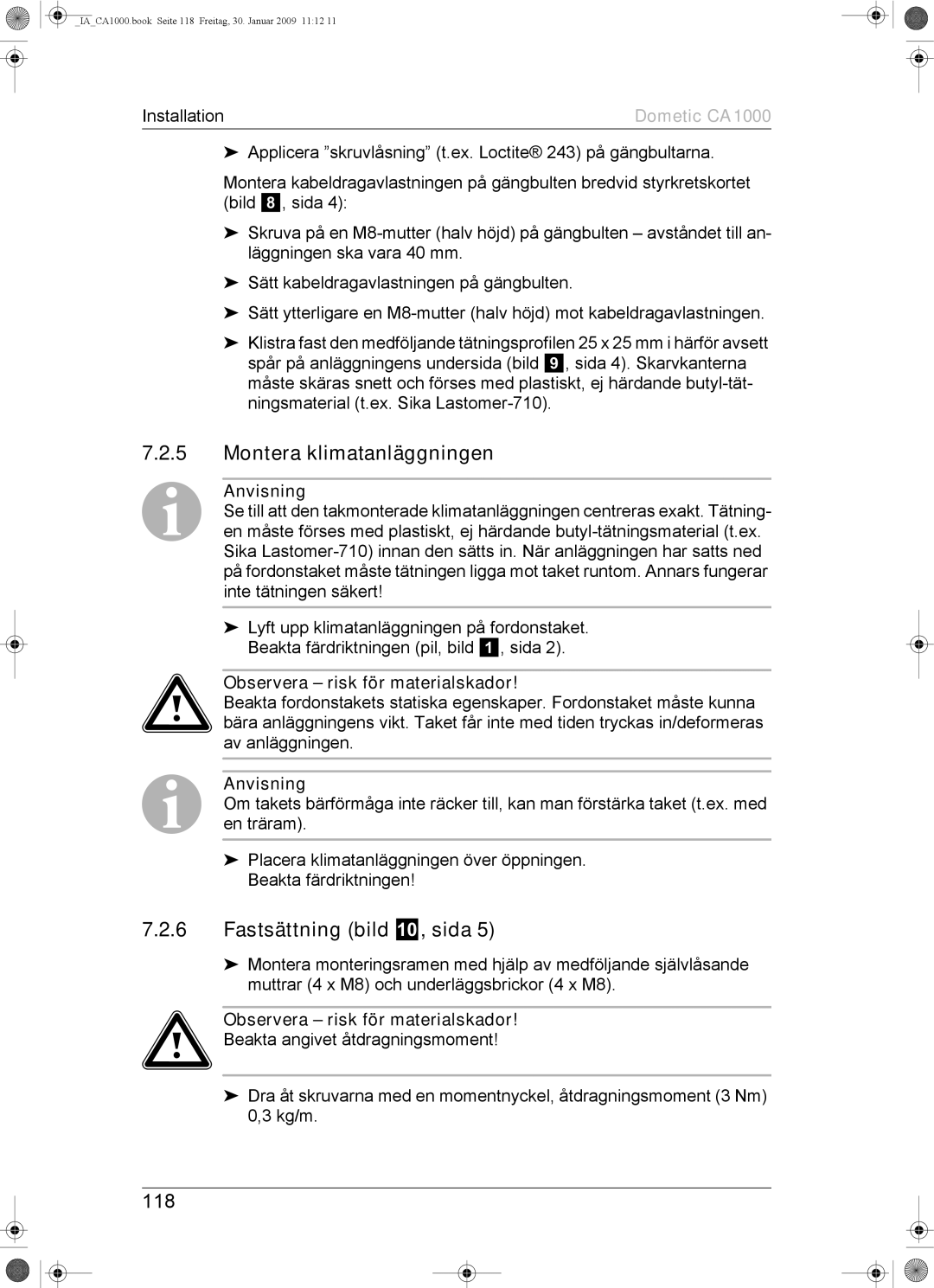 Dometic CA1000 installation manual Montera klimatanläggningen, Fastsättning bild 0, sida, 118 