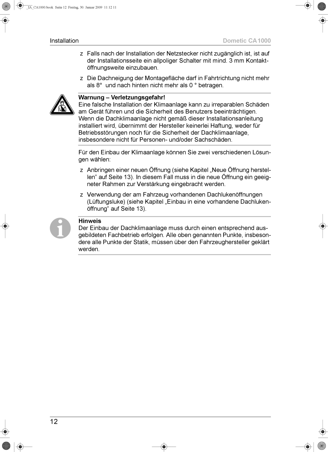 Dometic installation manual IACA1000.book Seite 12 Freitag, 30. Januar 2009 1112 