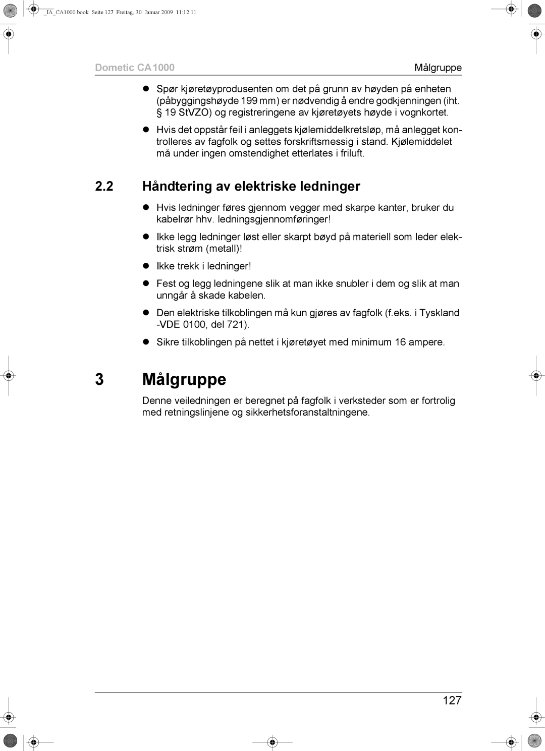 Dometic CA1000 installation manual Håndtering av elektriske ledninger, 127 