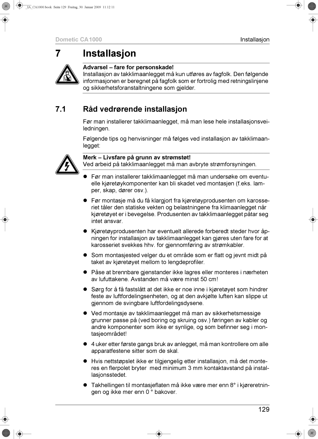 Dometic CA1000 installation manual Installasjon, Råd vedrørende installasjon, 129 