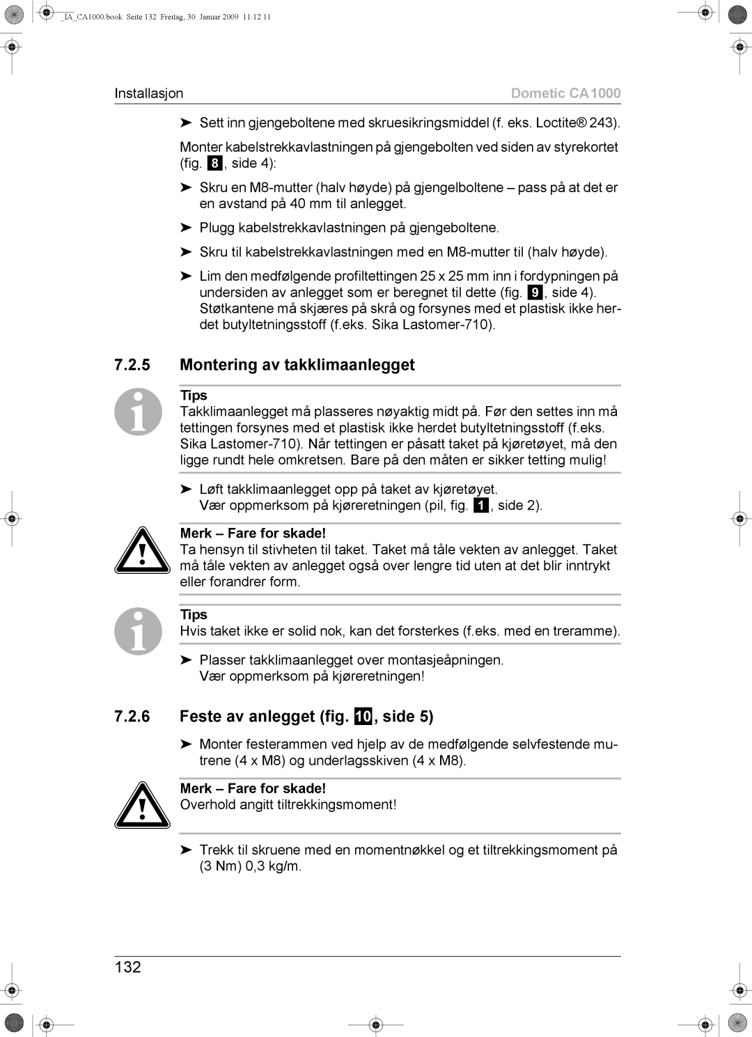 Dometic CA1000 installation manual Montering av takklimaanlegget, Feste av anlegget , side, 132 