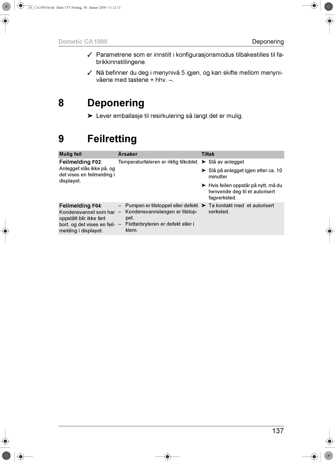 Dometic CA1000 installation manual Deponering, Feilretting, 137, Mulig feil, ÅrsakerTiltak 